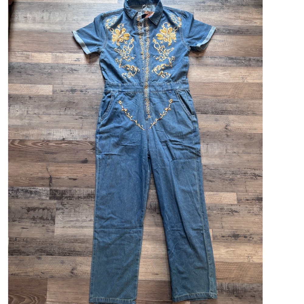 Manly Western Embroidered Denim Jumpsuit Blue Gold Floral Boho Medium